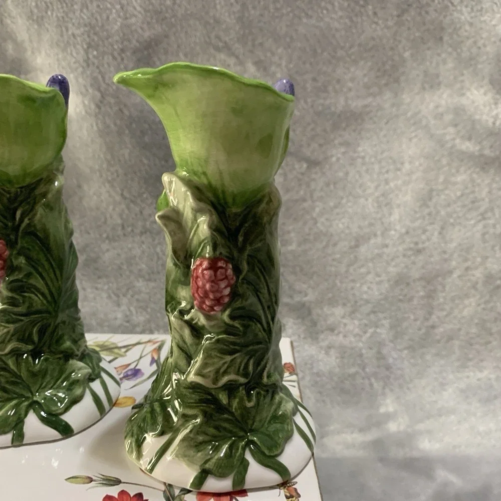 Studio Nova Garden Bloom Ceramic Candlesticks 2 Raspberry Berry Leaf Design‎